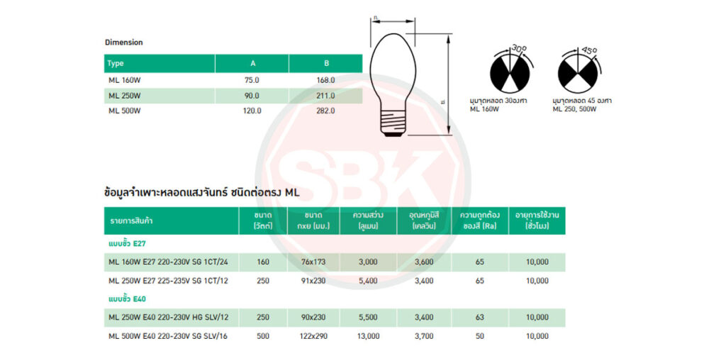 หลอดแสงจันทร์ต่อตรง 160W ML E27 (PHILIPS)